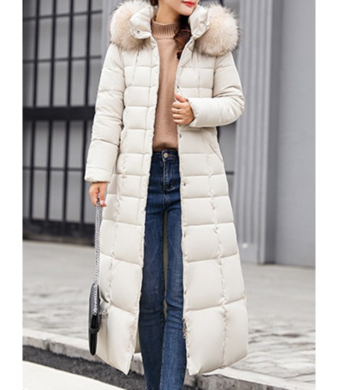 Hooded Fur Collar Belt Plain Coat