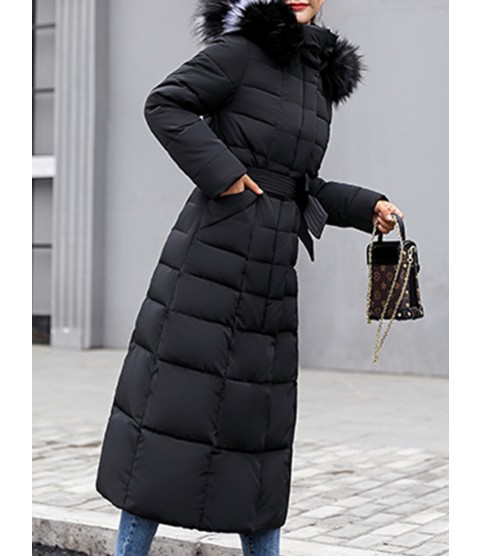 Hooded Fur Collar Belt Plain Coat