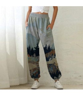 Ladies Mountain Treetop Print Loose Sweatpants