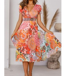 V-neck Cotton Floral Print Midi Dress