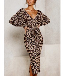 Retro Deep V Leopard Print Belted Split Batwing Sleeves Dress