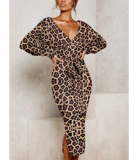 Retro Deep V Leopard Print Belted Split Batwing Sleeves Dress