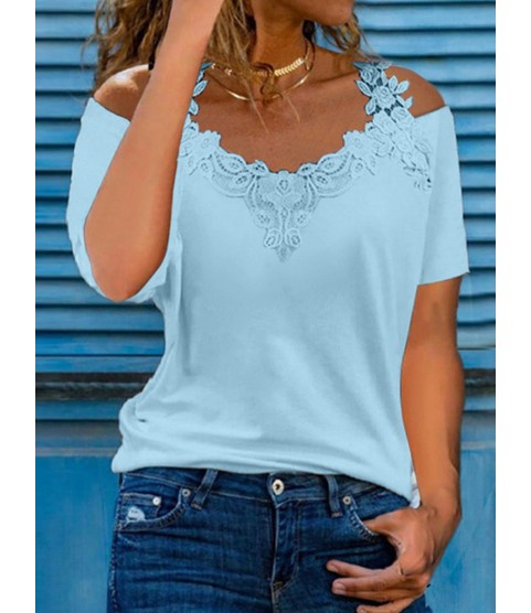 V-neck Stitching Lace Casual Loose Short-sleeved T-shirt