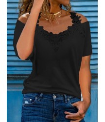 V-neck Stitching Lace Casual Loose Short-sleeved T-shirt